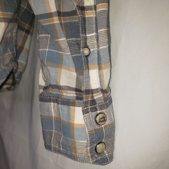 LUCKY BRAND Classic Fit Pearl Snap Blue Plaid Button Up Shirt Mens Size Large - Picture 3 of 7